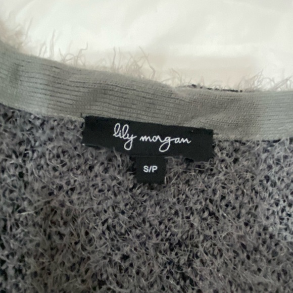 Lily Morgan women’s dark gray plaid open front long hairy sweater cardigan s- SP - Picture 3 of 6